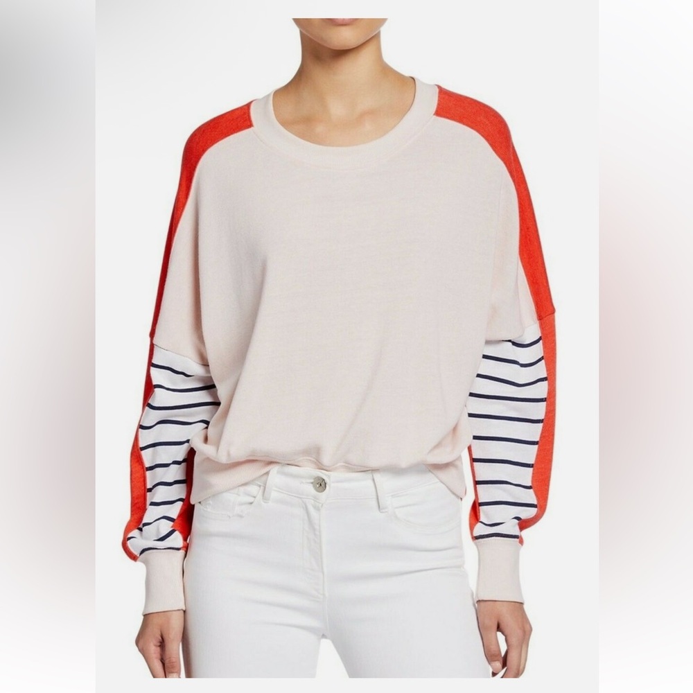 Sundry x Anthropologie Color Block Striped Small Pink Coral Pullover Sweatshirt